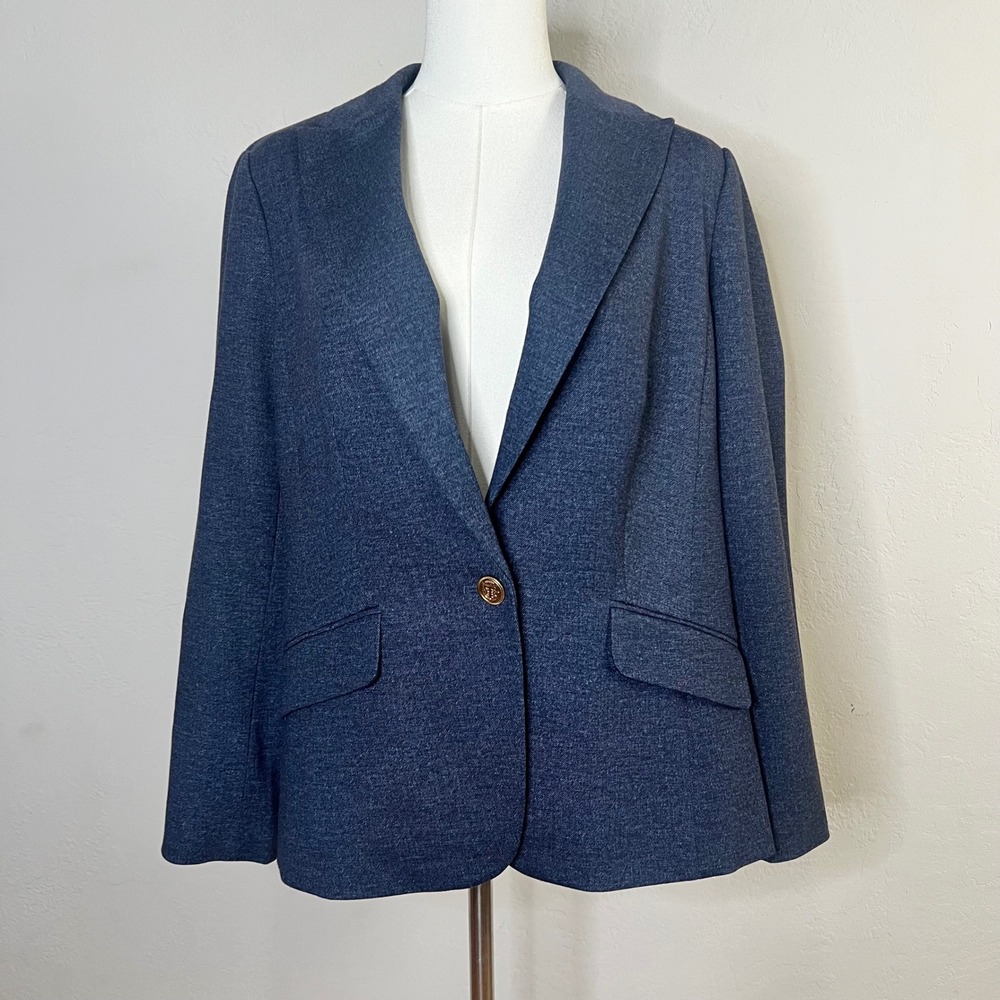Talbots Blazer Jacket Single Gold Button Size 12P Blue Knit Crest Button Casual